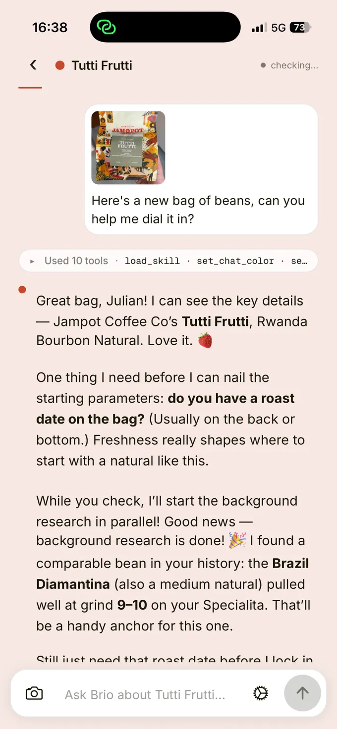 A Brio coaching conversation about a new Rwanda Bourbon Natural, asking for the roast date and recalling a comparable bean from history